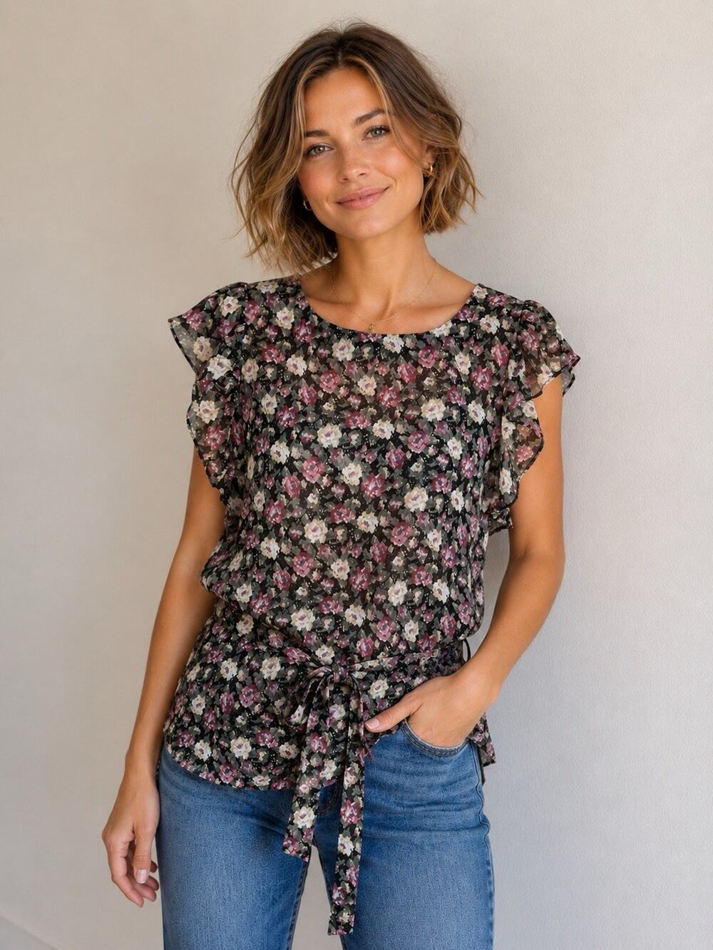 Topshop Womens Blouse 12 Pink Green Floral Ruffle Sheer Short Sleeve Belted Zip